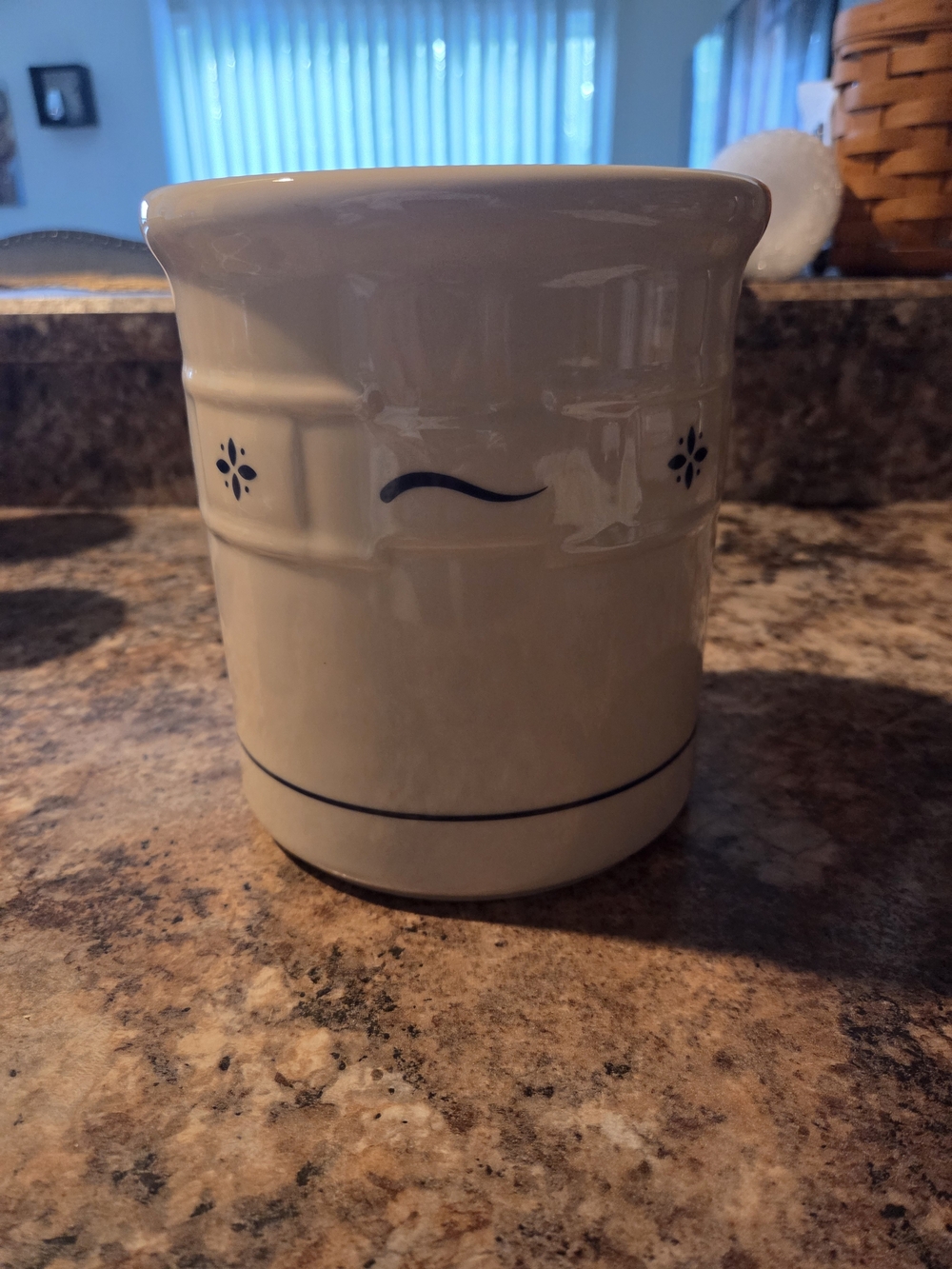 Longaberger Cream Ceramic Utensil Crock with Blue Trim